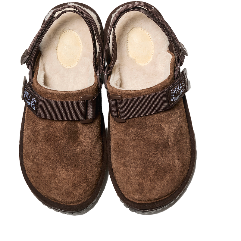 SNUG CLOG BOA DARK BROWN COW SUEDE AND RUBBER SLIPPERS FROM SHAKA
