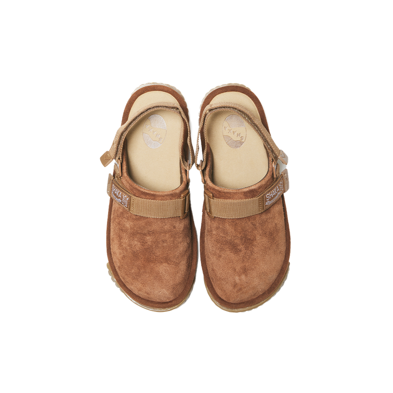 SNUG CLOG BOA BROWN COWHIDE AND RUBBER SLIPPERS FROM SHAKA